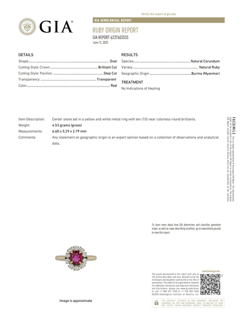 Retro GIA Burma no heat ruby 18k yellow gold and platinum cluster ring