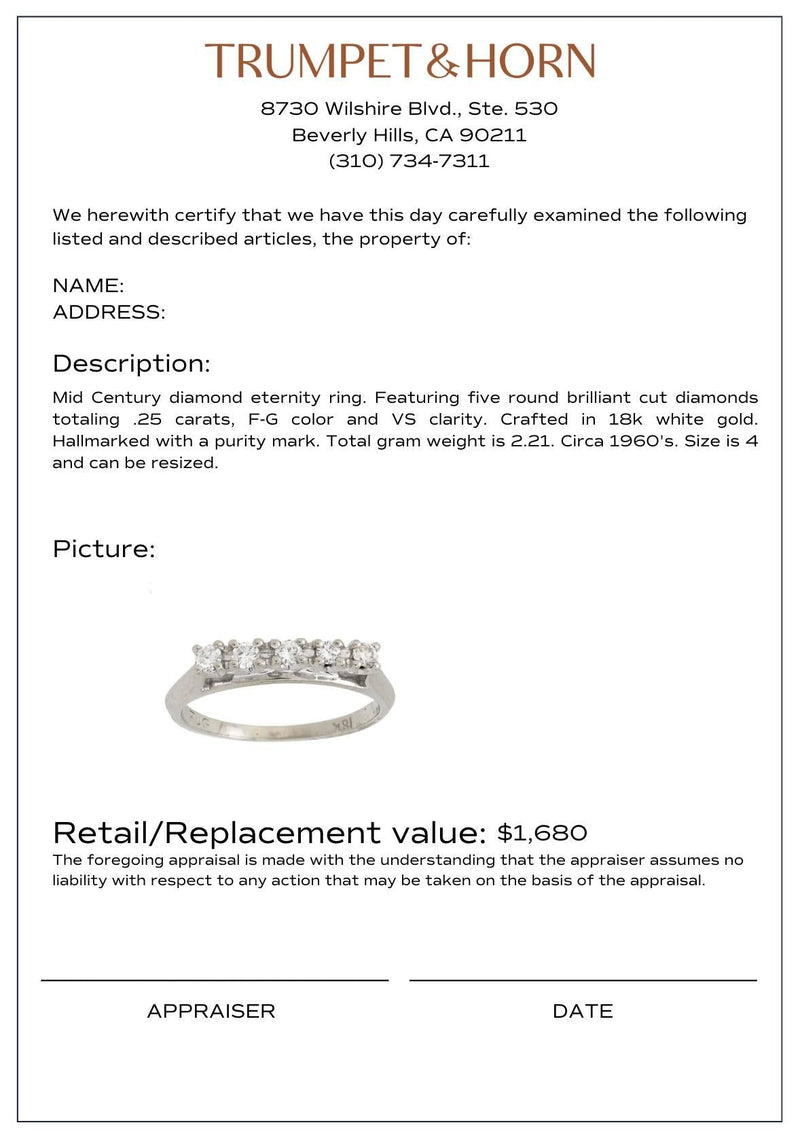Mid Century diamond 18k white gold eternity ring