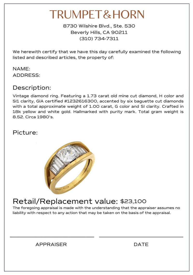 Vintage GIA 1.73 carat old mine cut diamond 18k gold ring