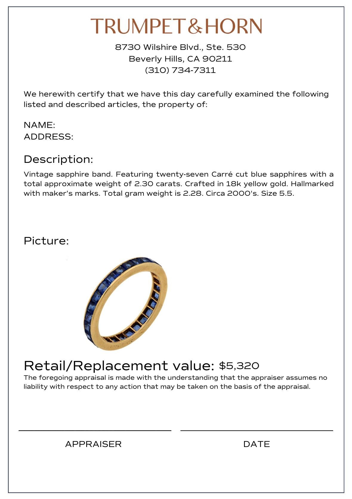 Vintage 2.30 carat total weight sapphire 18k yellow gold eternity band