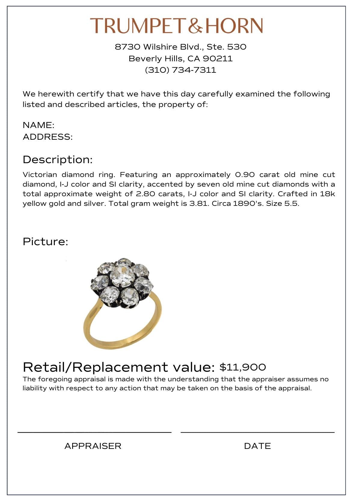 Victorian 3.70 carat diamond 18k yellow gold and silver cluster ring