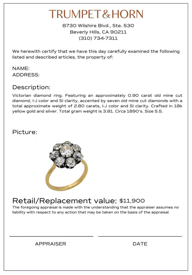 Victorian 3.70 carat diamond 18k yellow gold and silver cluster ring