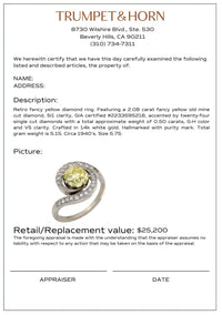 Retro GIA 2.08 carat fancy yellow diamond 14k white gold swirl ring
