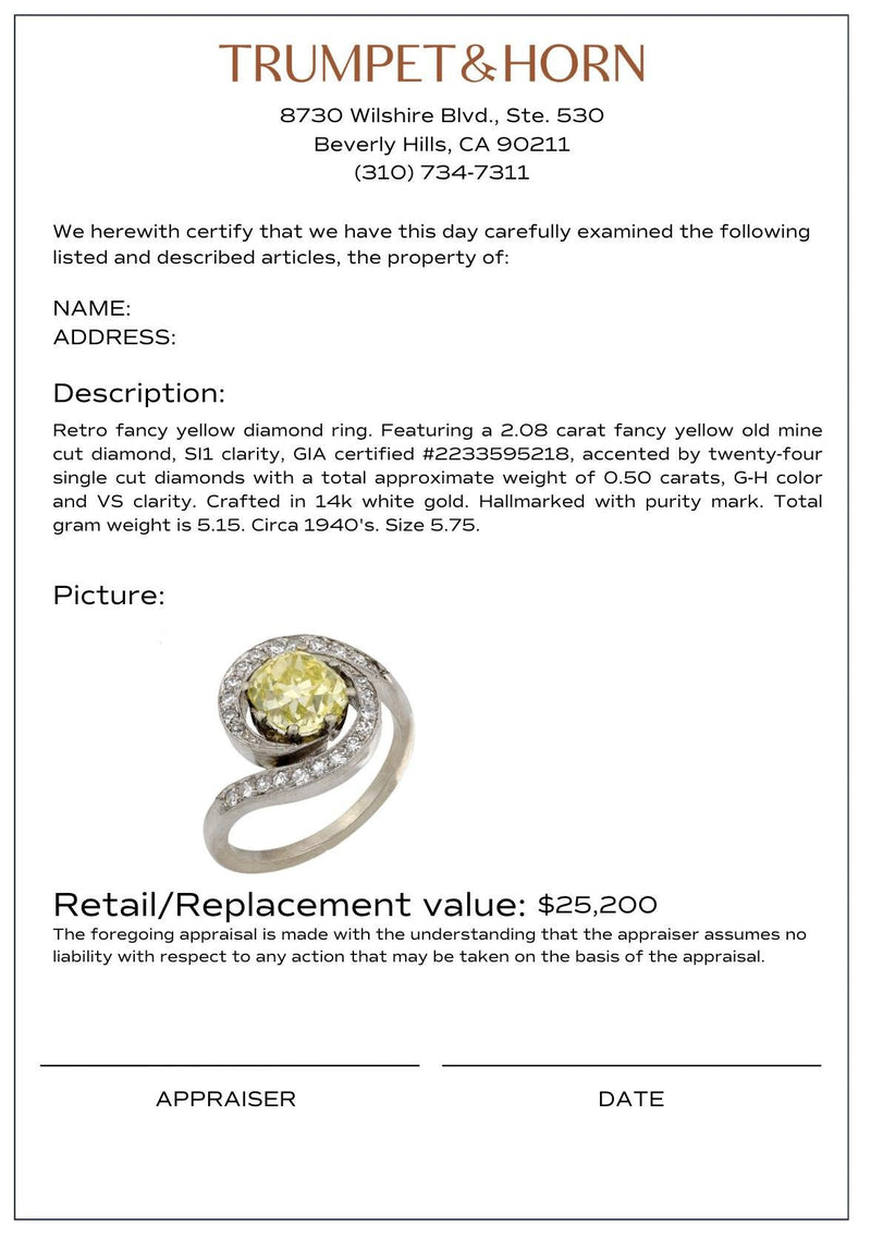 Retro GIA 2.08 carat fancy yellow diamond 14k white gold swirl ring