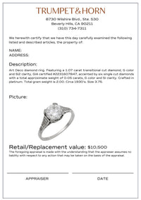Art Deco GIA 1.07 carat diamond platinum engagement ring