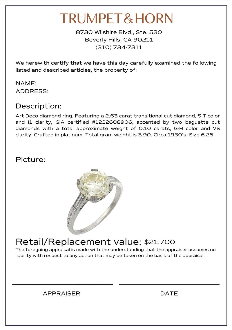 Art Deco GIA 2.63 carat diamond platinum engagement ring
