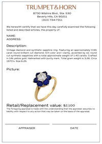 Vintage diamond synthetic sapphire 14k yellow gold flower cluster ring