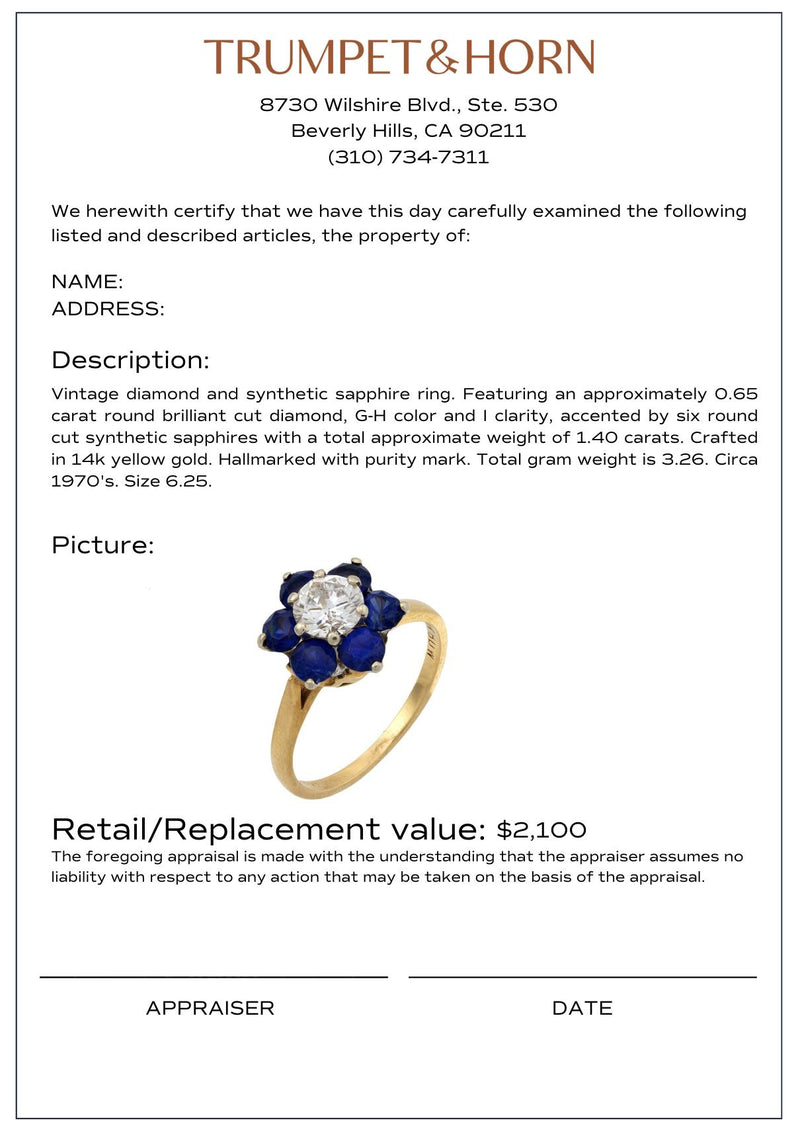Vintage diamond synthetic sapphire 14k yellow gold flower cluster ring