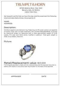 Art Deco GIA 2.76 carat Ceylon no heat sapphire diamond platinum ring