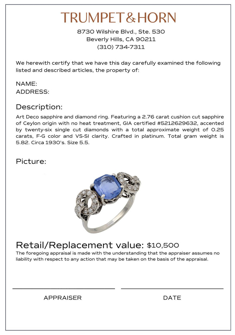 Art Deco GIA 2.76 carat Ceylon no heat sapphire diamond platinum ring