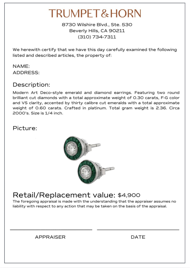Art Deco style diamond emerald platinum target stud earrings