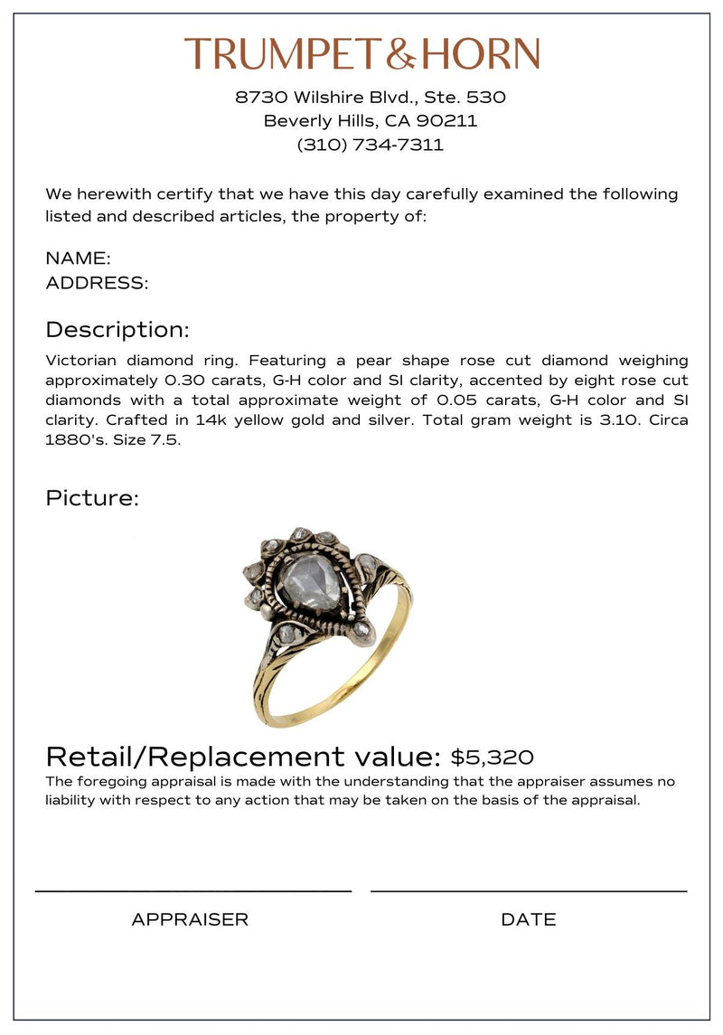 Victorian rose cut diamond 14k yellow gold and silver ring