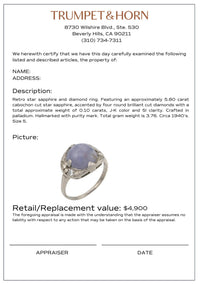 Retro 5.80 carat star sapphire diamond palladium cocktail ring