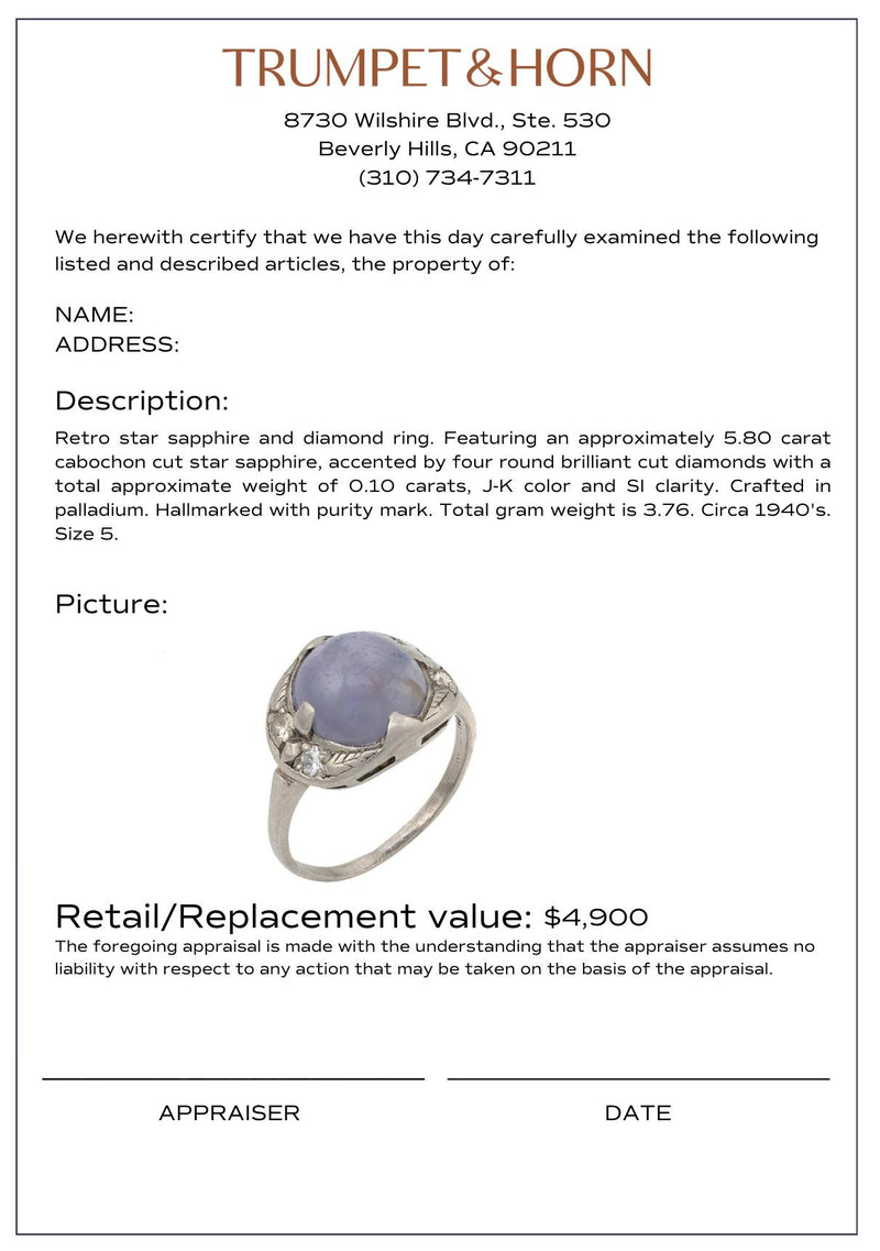 Retro 5.80 carat star sapphire diamond palladium cocktail ring
