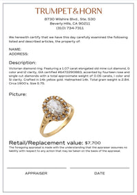 Victorian GIA 1.07 carat old mine cut diamond 14k yellow gold cluster ring