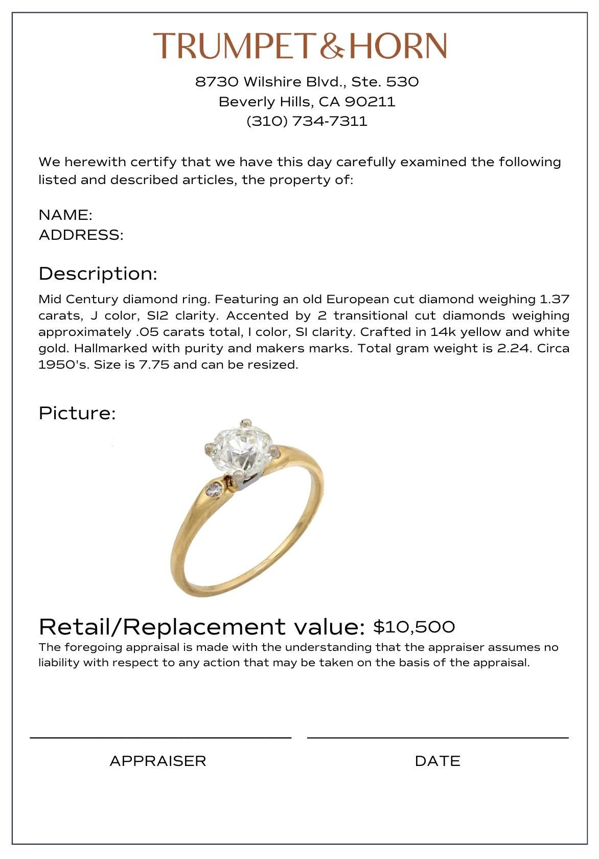 GIA 1.37 carat old European cut diamond 14k yellow gold engagement ring