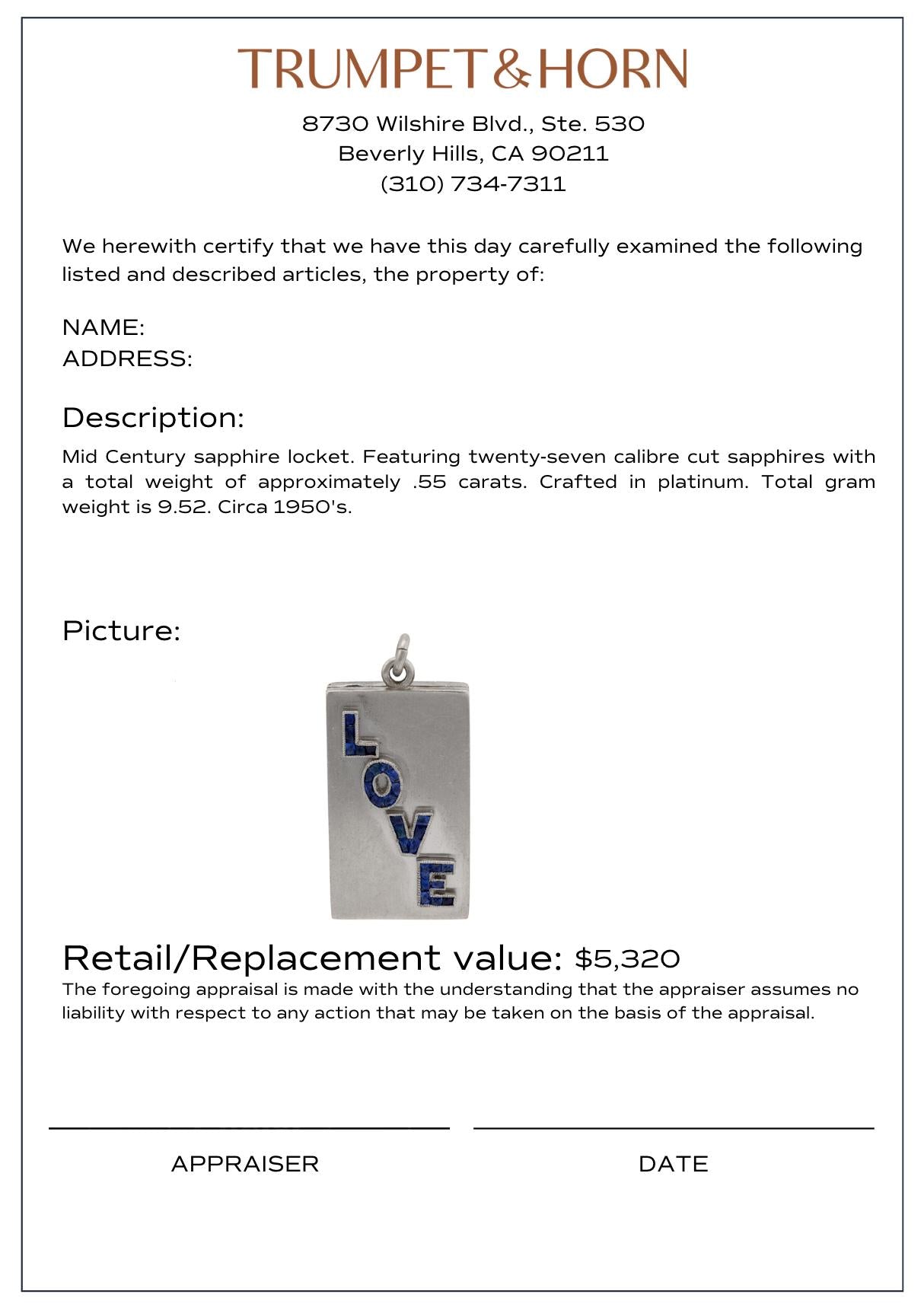 Mid Century sapphire platinum "Love" locket