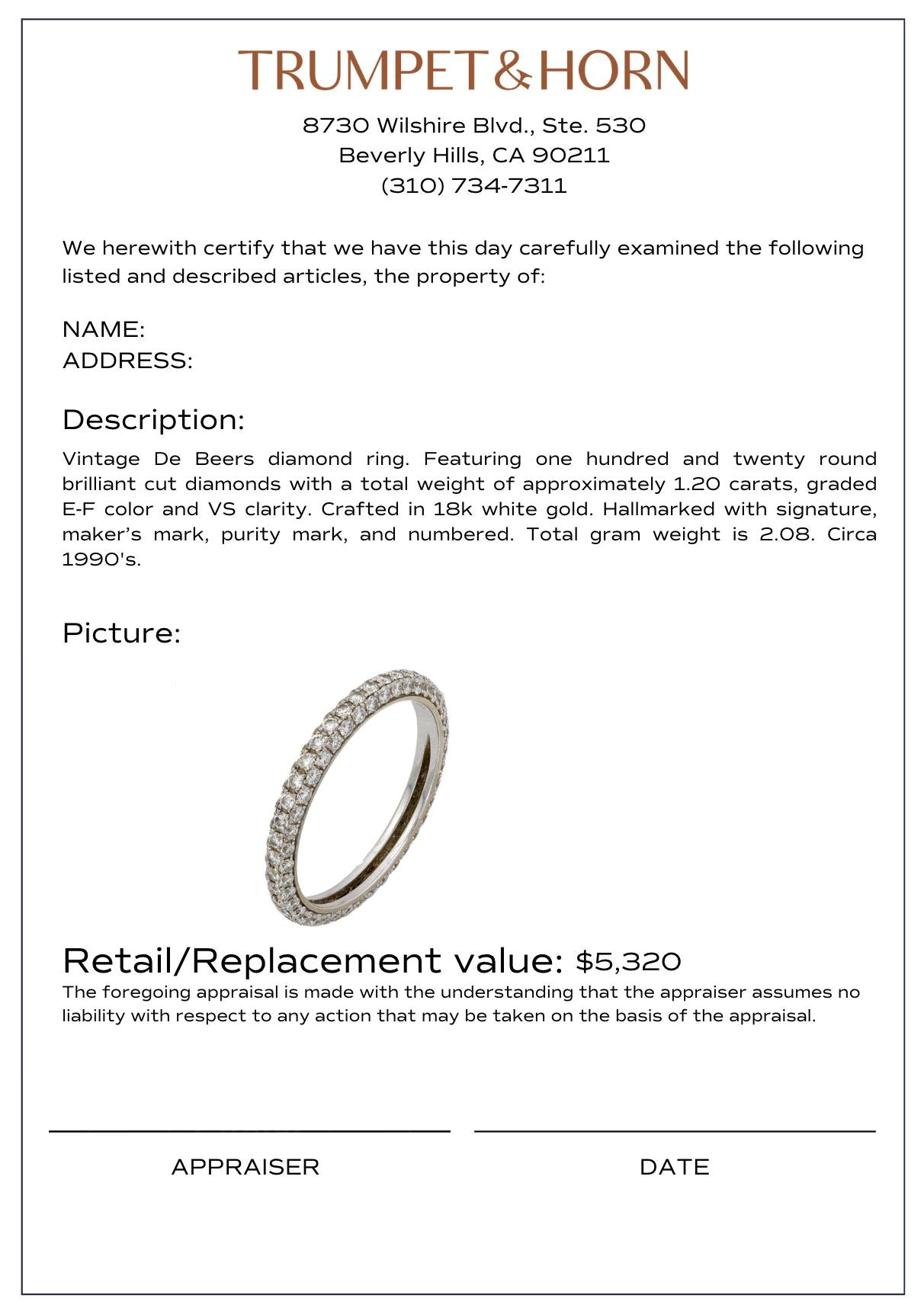 Vintage De Beers diamond 18k white gold pave band