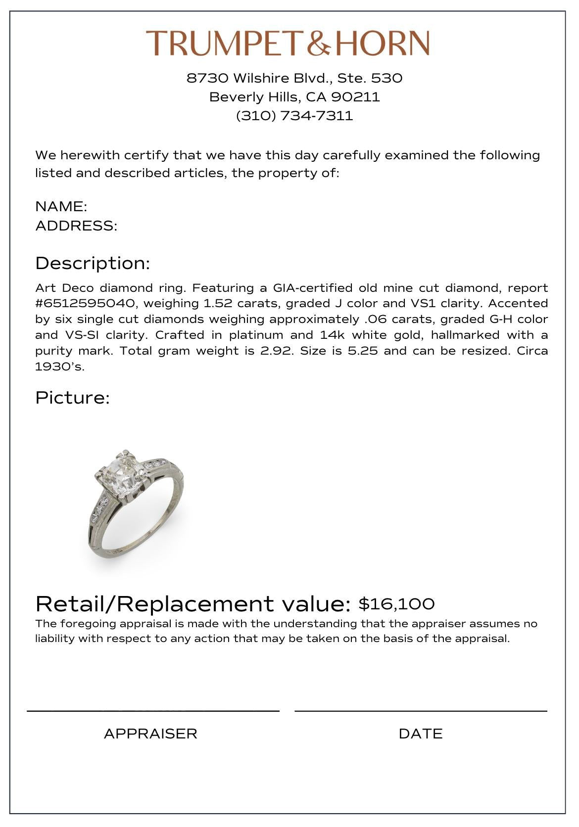 Art Deco GIA 1.52 carat old mine cut diamond platinum engagement ring