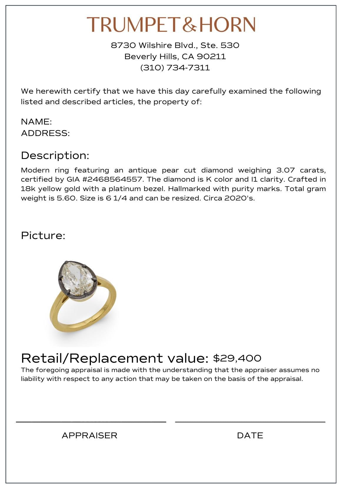 GIA 3.07 carat pear cut diamond 18k yellow gold platinum engagement ring