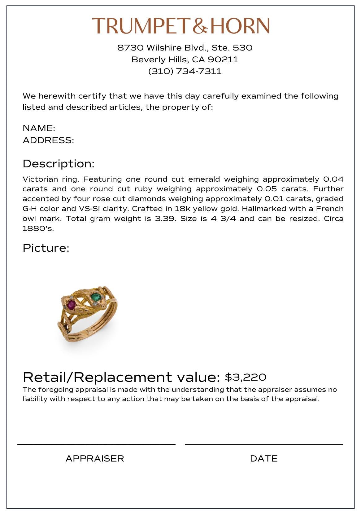 Victorian emerald ruby diamond 18k yellow gold double headed snake ring