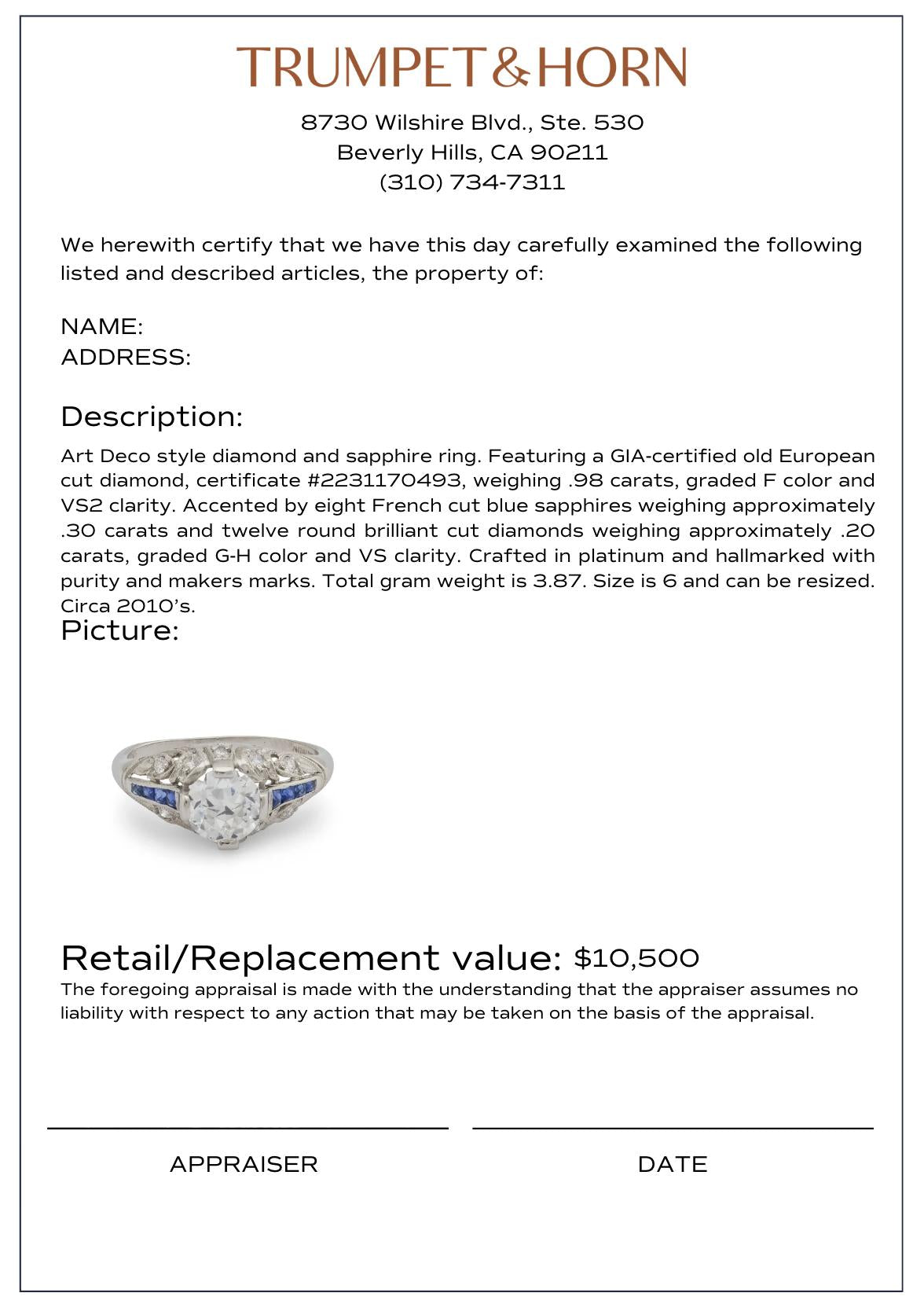 Art Deco style GIA .98 carat diamond sapphire platinum engagement ring