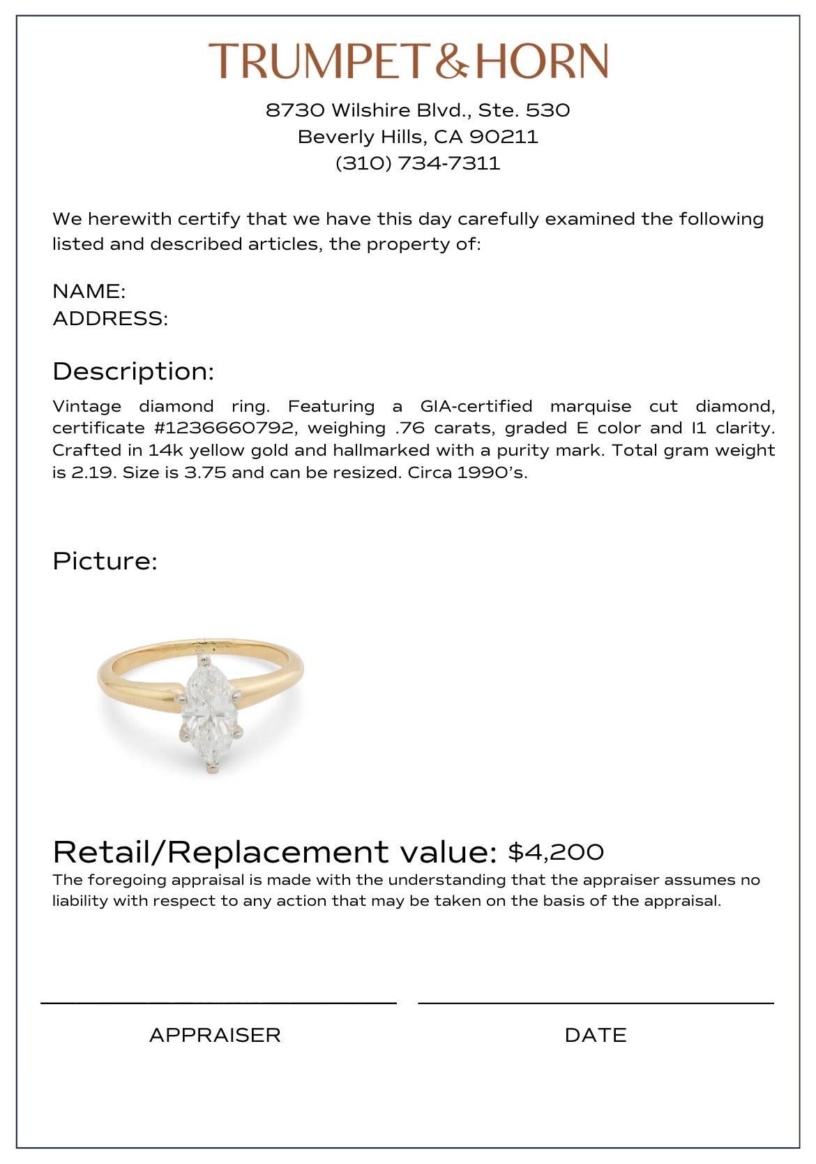 Vintage GIA .76 carat marquise cut diamond 14k yellow gold engagement ring