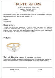 Vintage GIA .76 carat marquise cut diamond 14k yellow gold engagement ring