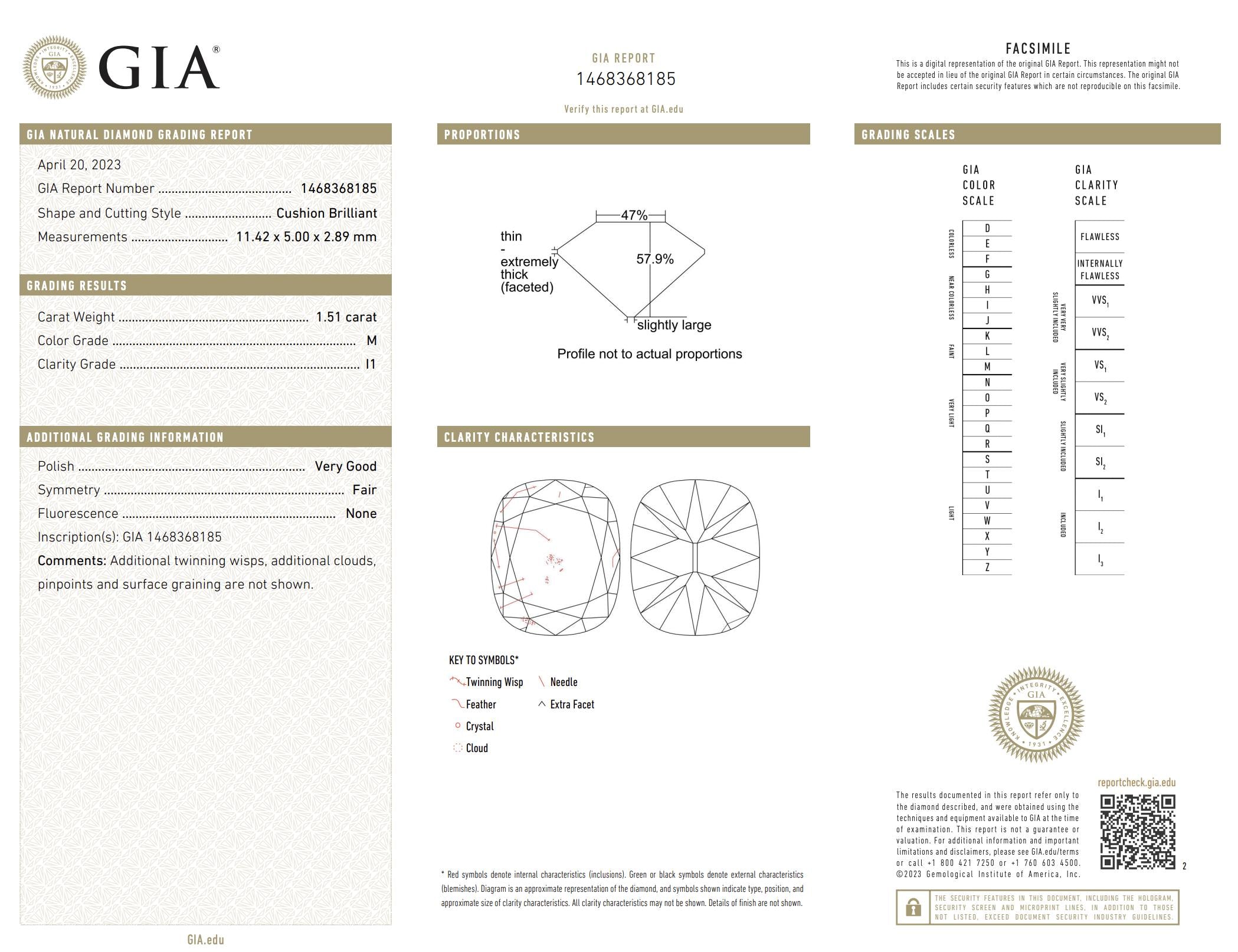 GIA 1.51 carat elongated cushion diamond 18k yellow gold engagement ring