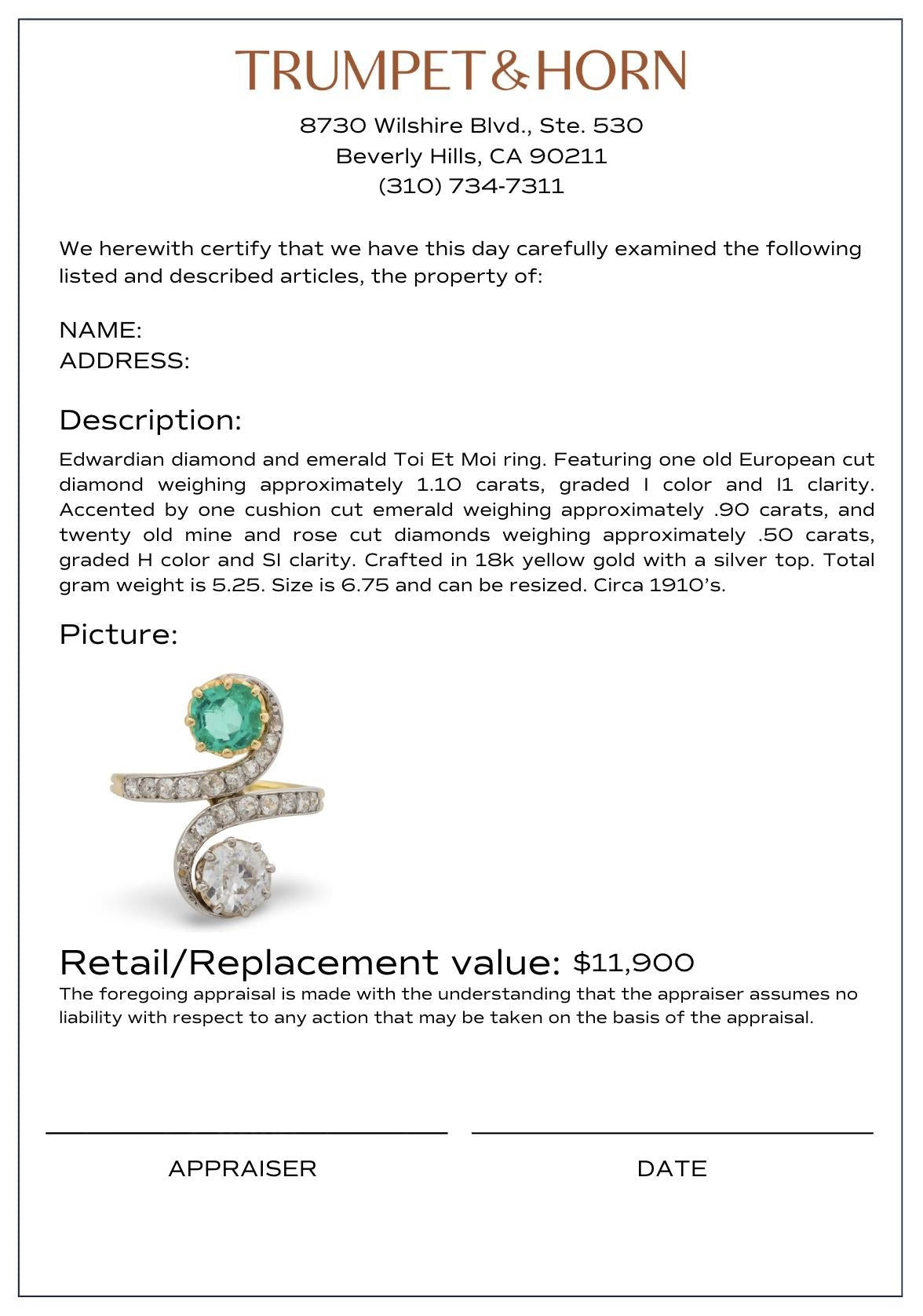 Edwardian diamond emerald 18k yellow gold silver Toi Et Moi ring
