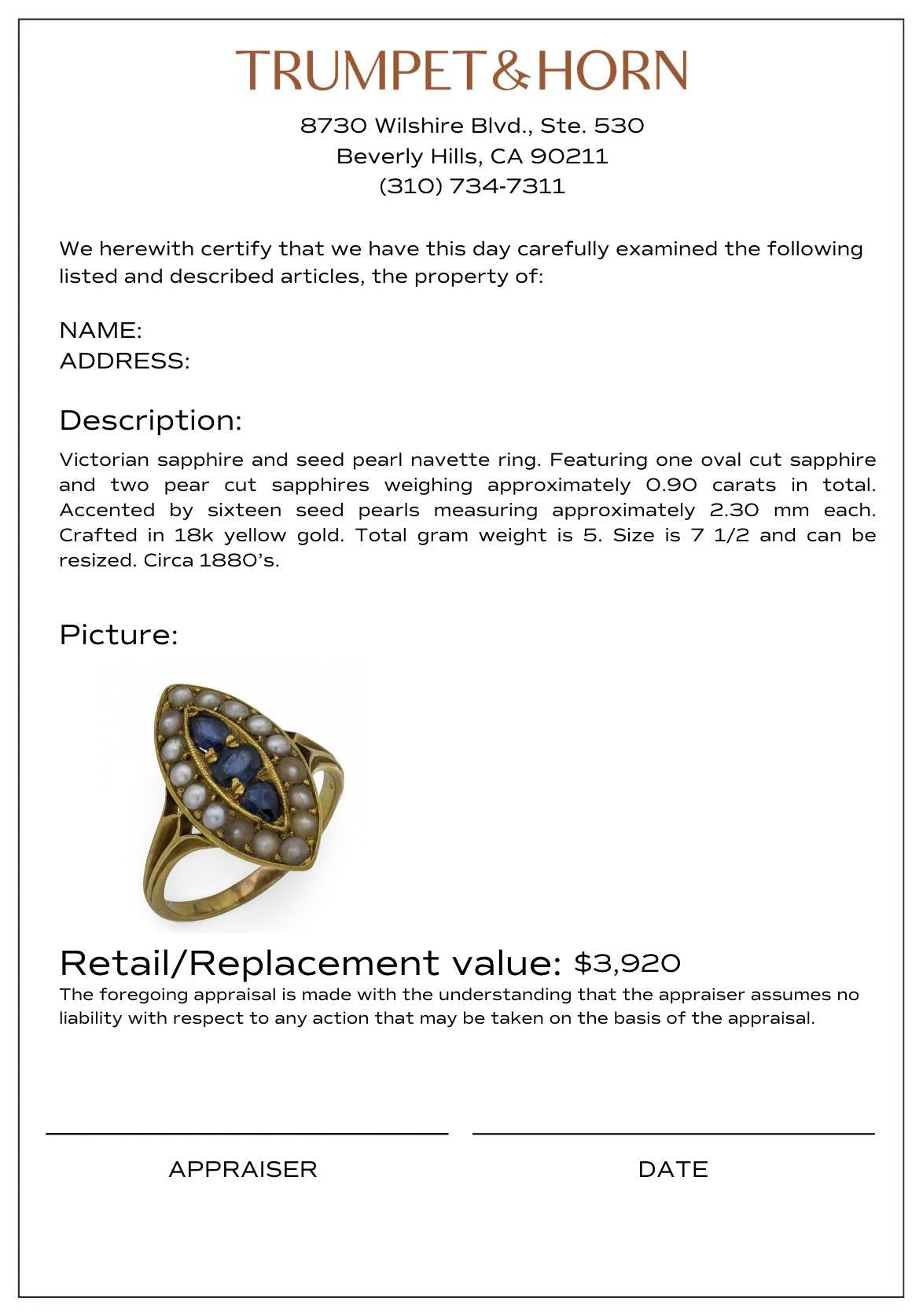 Victorian sapphire seed pearl 18k yellow gold navette ring