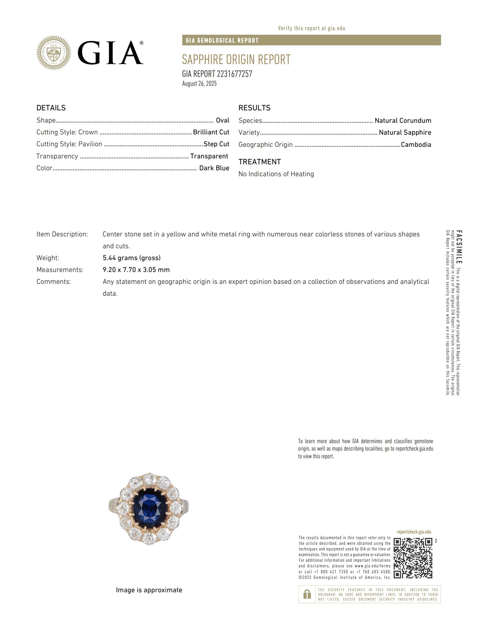 Victorian French GIA 2 carat no heat sapphire diamond 18k yellow gold ring