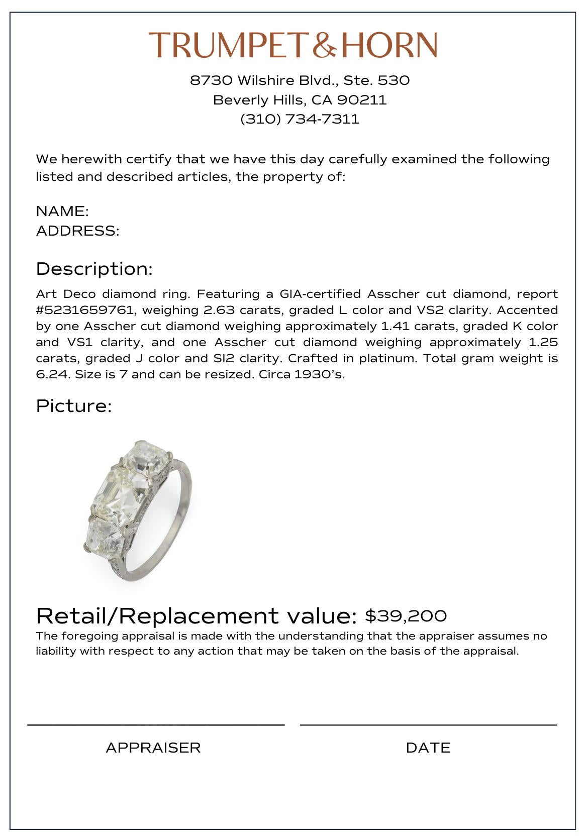 Art Deco GIA 5.29 carat asscher cut diamond platinum 3 stone engagement ring