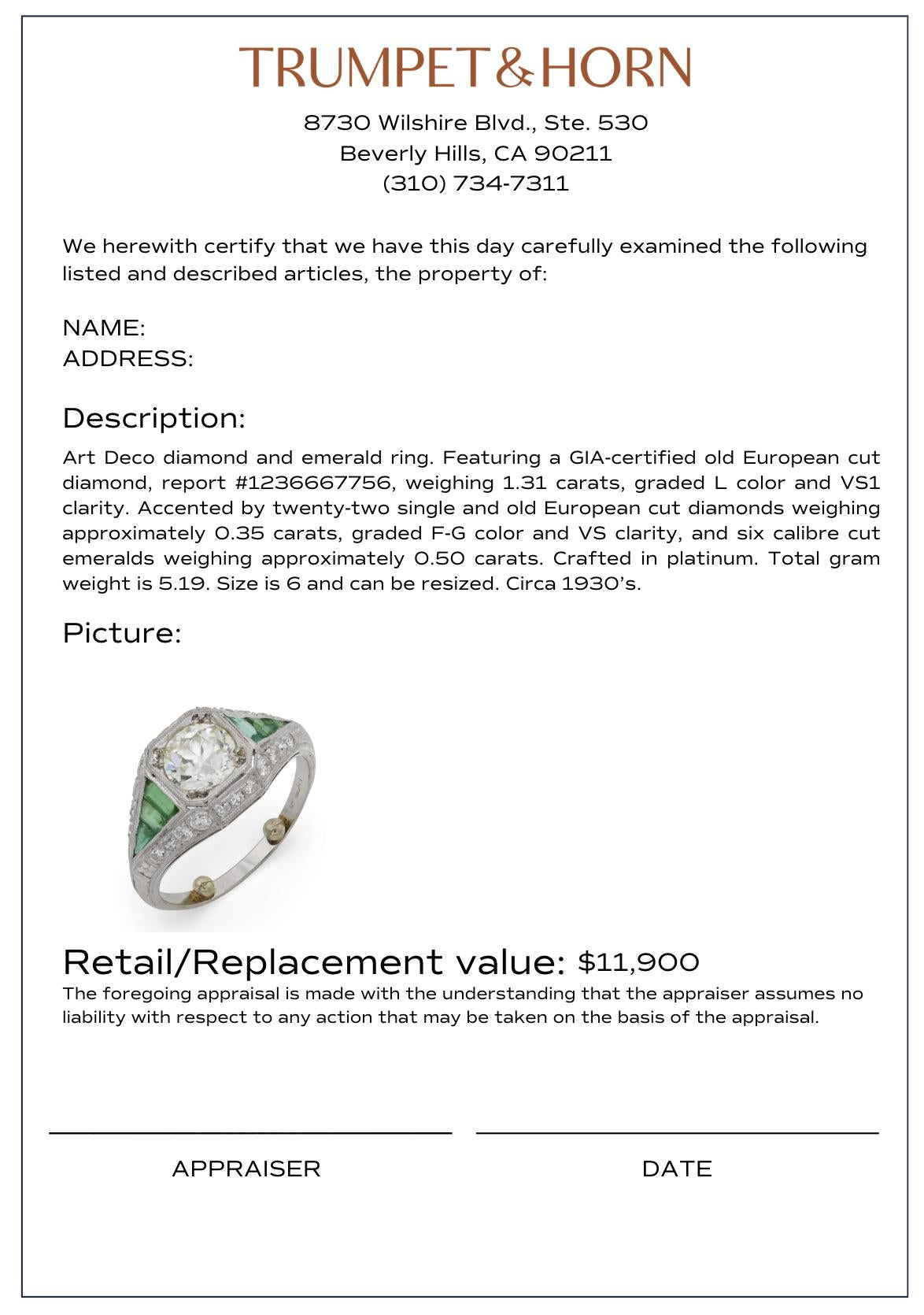 Art Deco GIA 1.31 carat diamond emerald platinum engagement ring