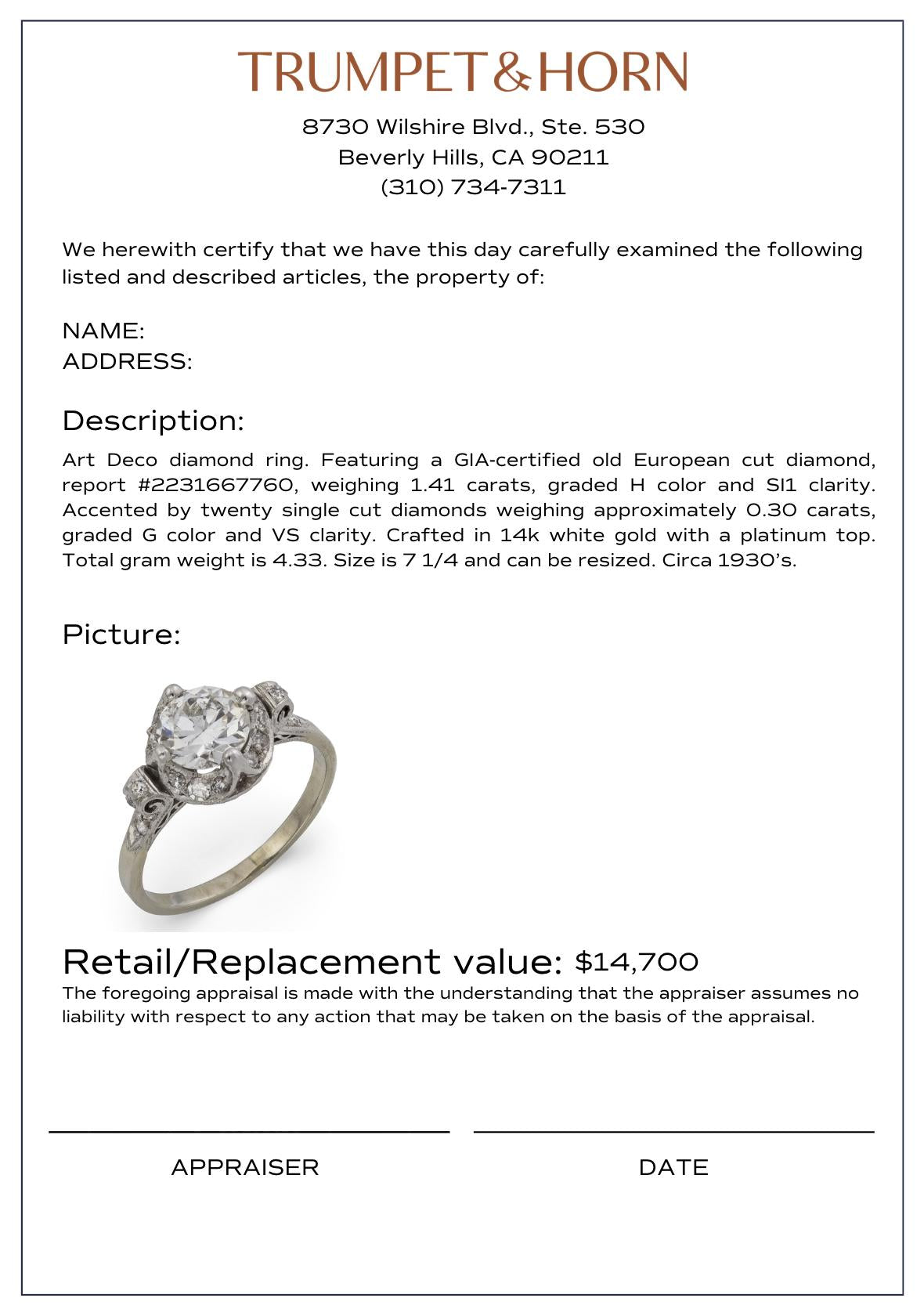 Art Deco GIA 1.41 carat diamond platinum 18k white gold engagement ring