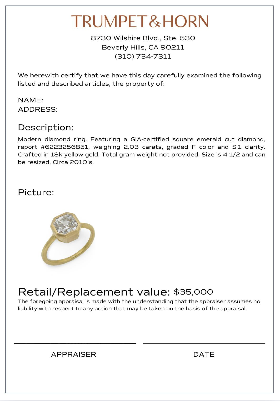 GIA 2.03 carat square emerald cut diamond 18k yellow gold bezel engagement ring