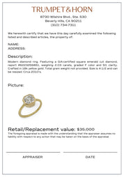 GIA 2.03 carat square emerald cut diamond 18k yellow gold bezel engagement ring