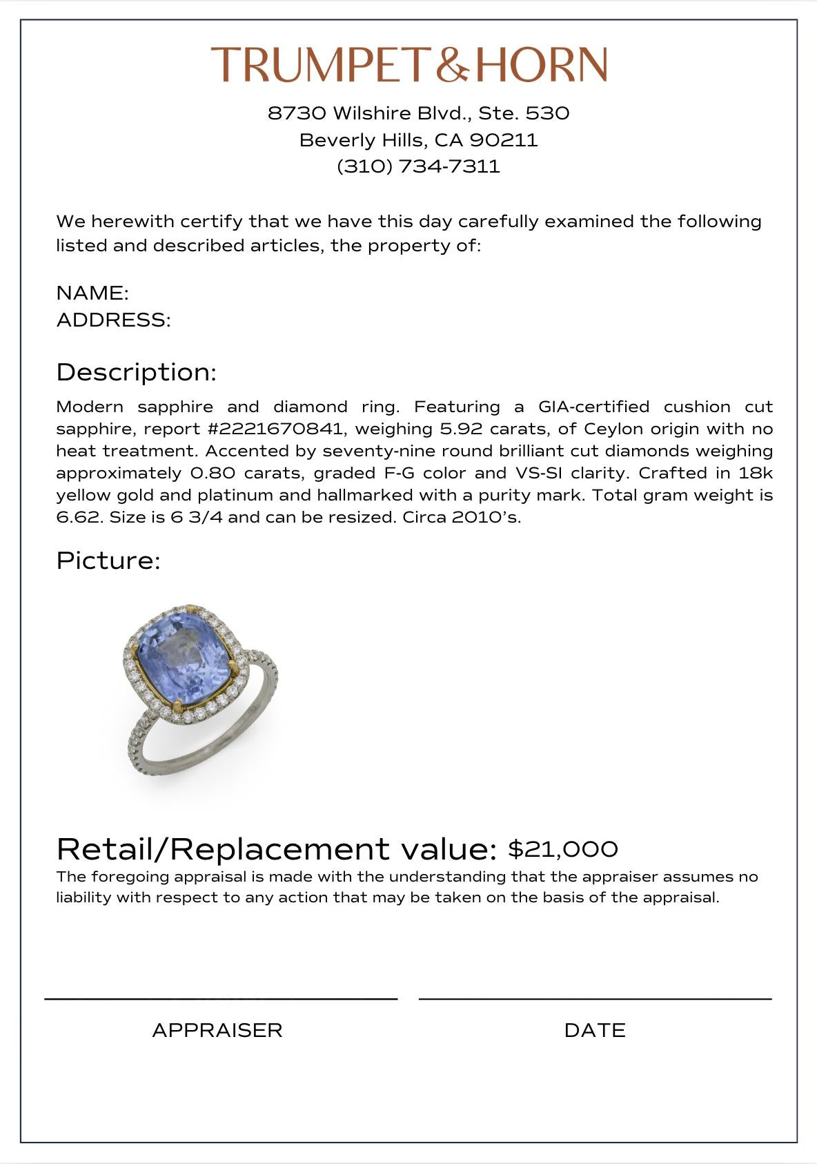 GIA 5.92 carat Ceylon no heat sapphire diamond platinum 18k yellow gold ring