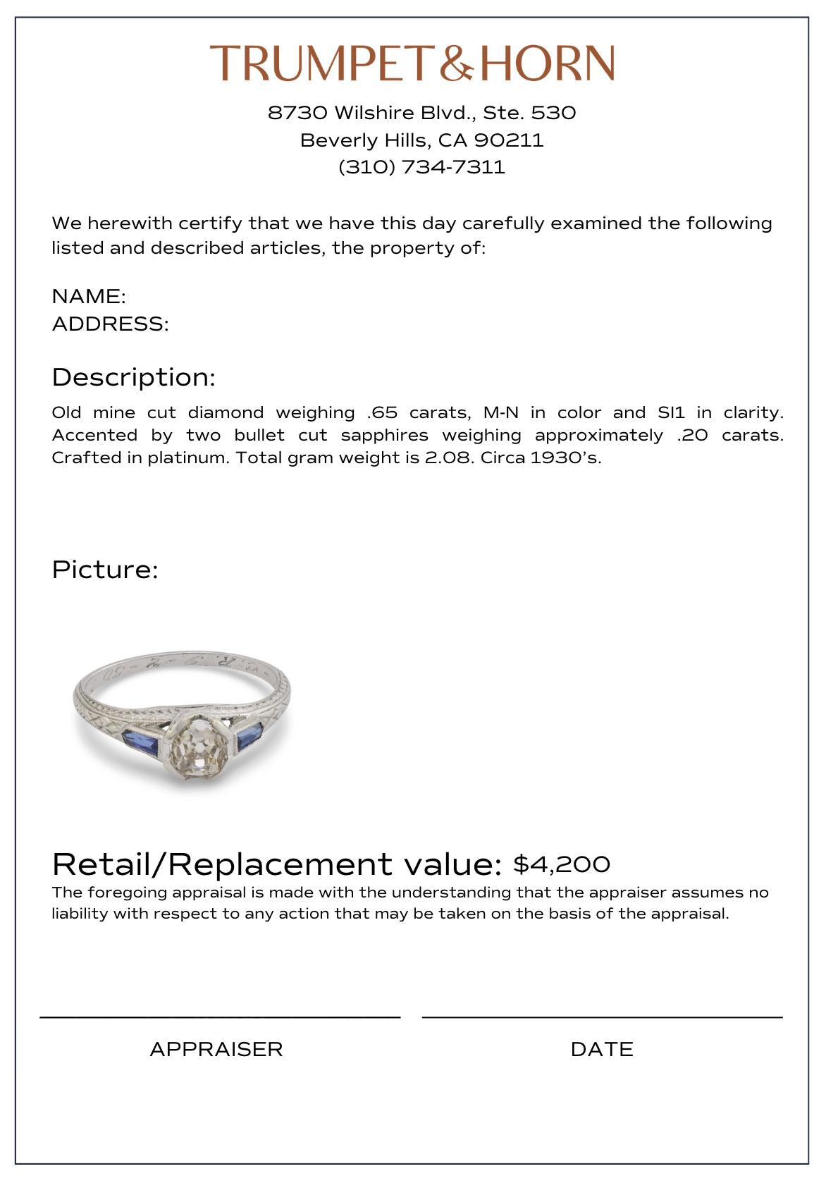 Art Deco diamond sapphire platinum engagement ring