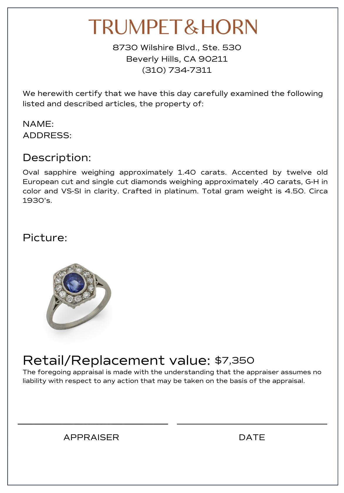 Art Deco 1.40 carat sapphire diamond platinum cluster ring