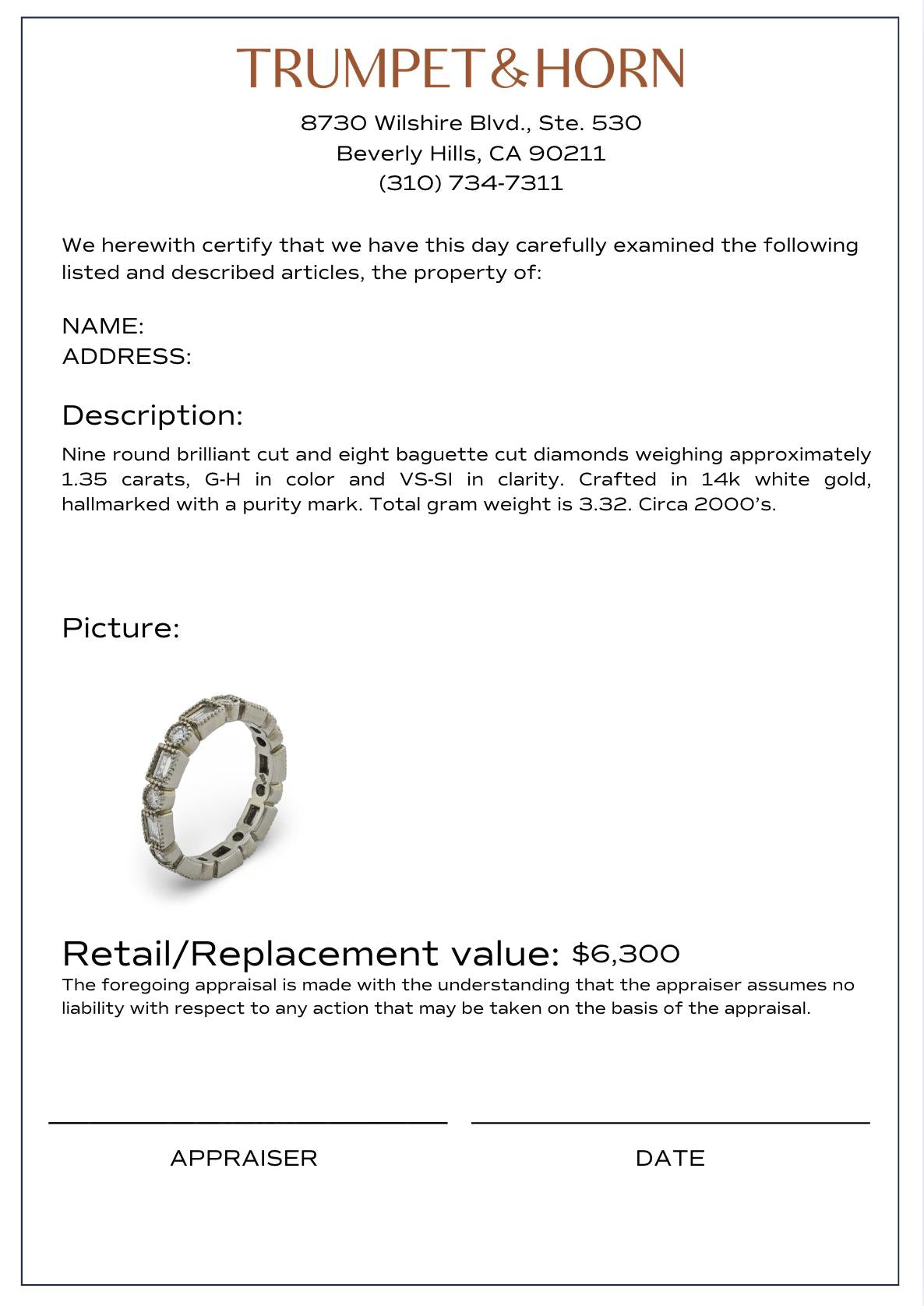 Vintage 1.35 carat round and baguette diamond 14k white gold eternity band