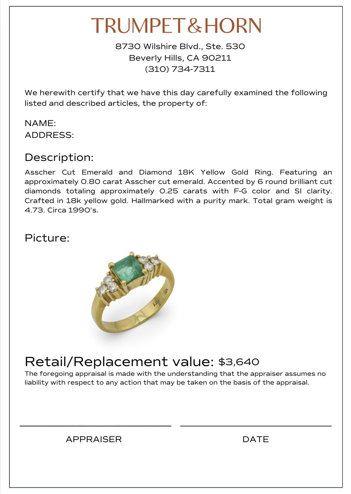 Vintage emerald diamond 18k yellow gold engagement ring