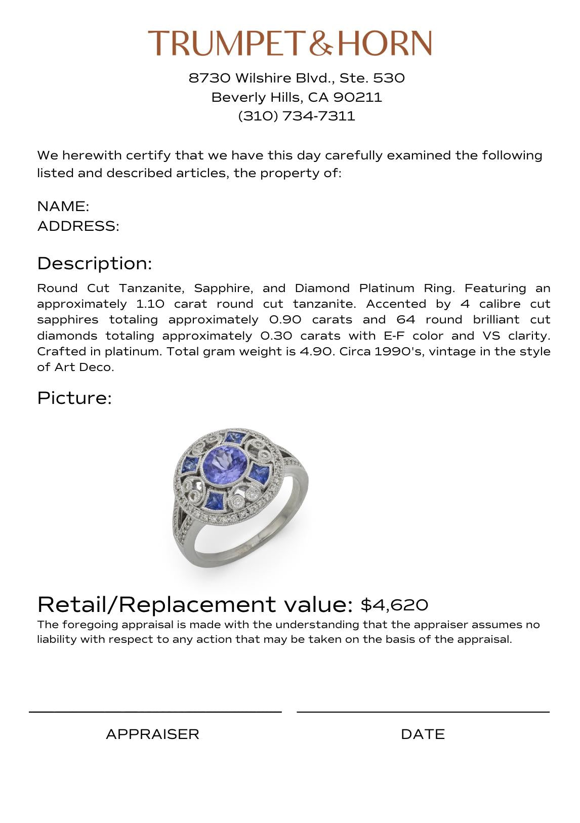 Art Deco style 1.10 carat tanzanite diamond platinum cocktail ring