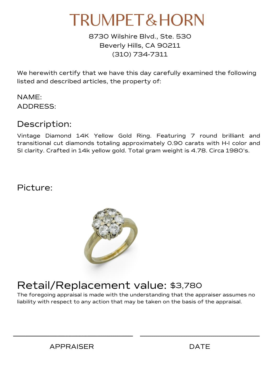 Vintage diamond 14k yellow gold cluster ring