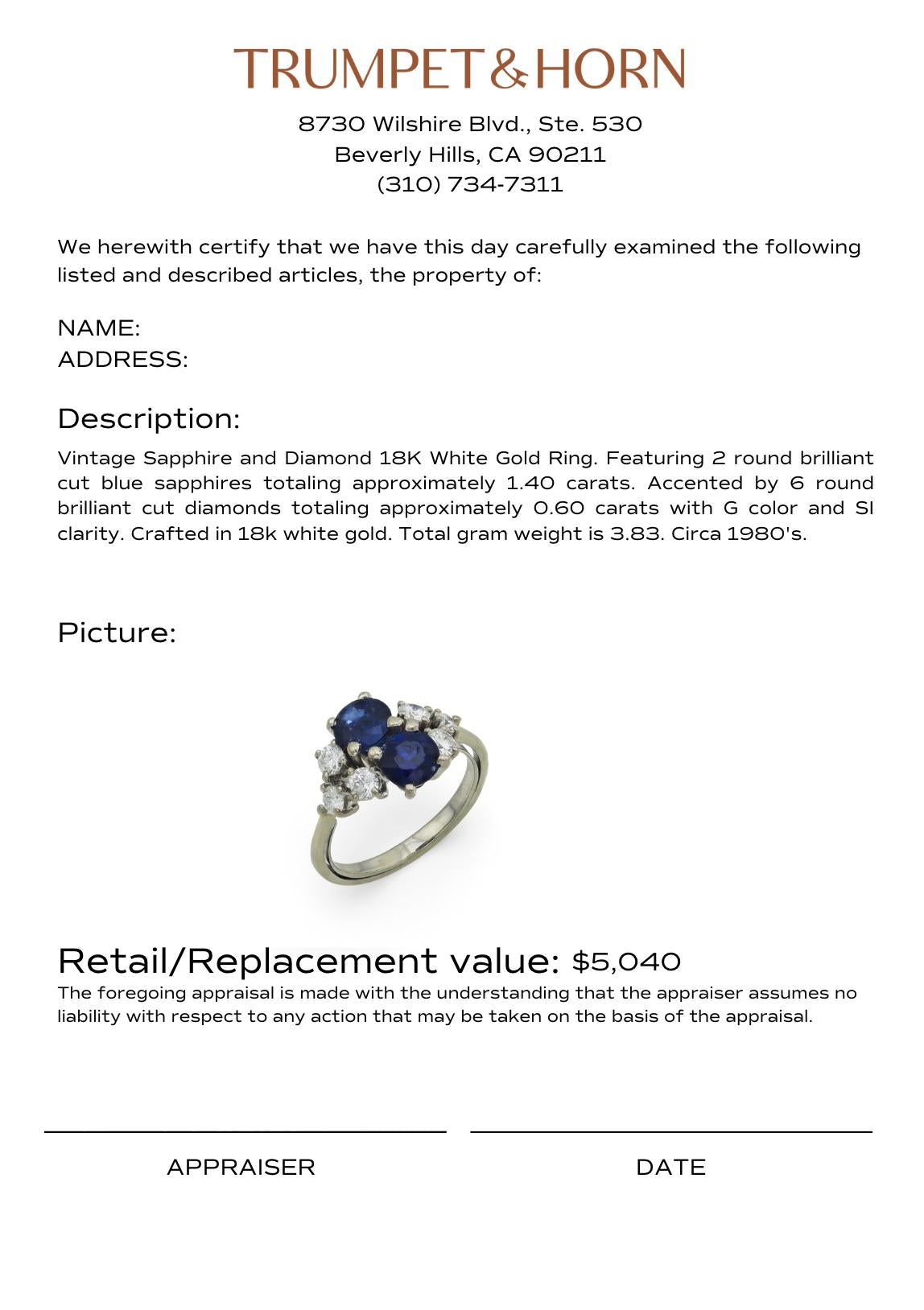 Vintage sapphire diamond 18k white gold ring