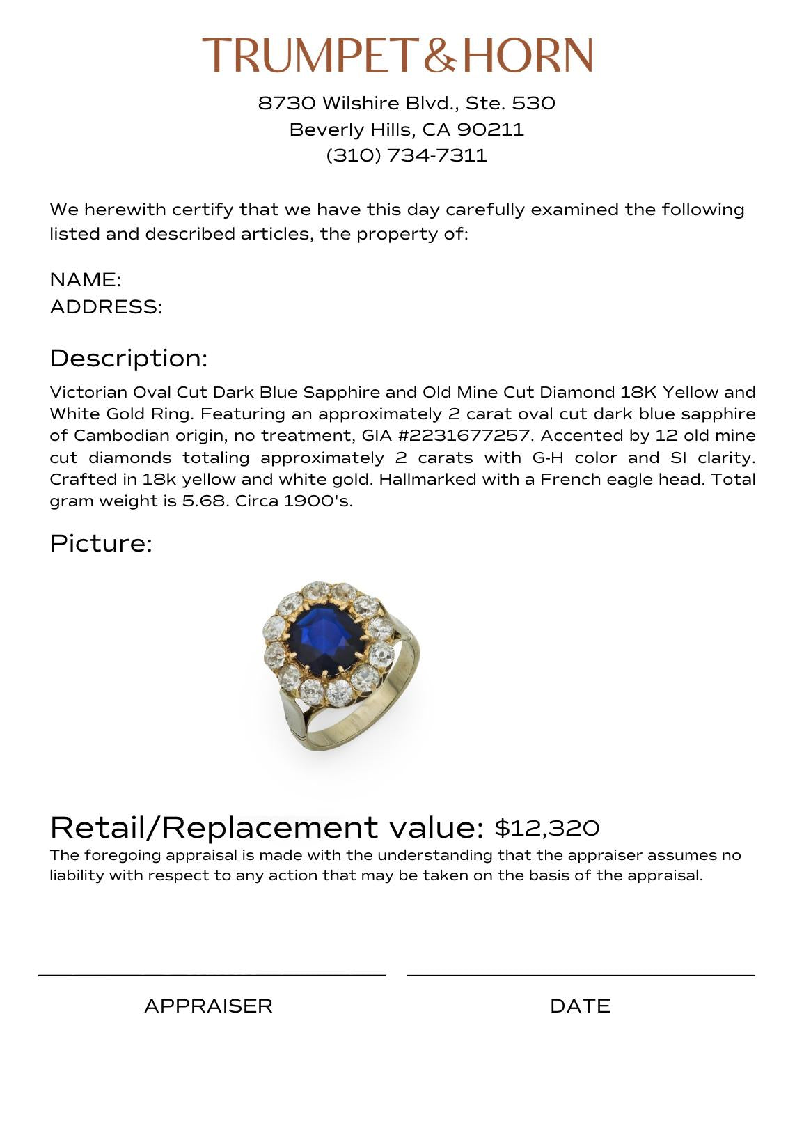 Victorian French GIA 2 carat no heat sapphire diamond 18k yellow gold ring