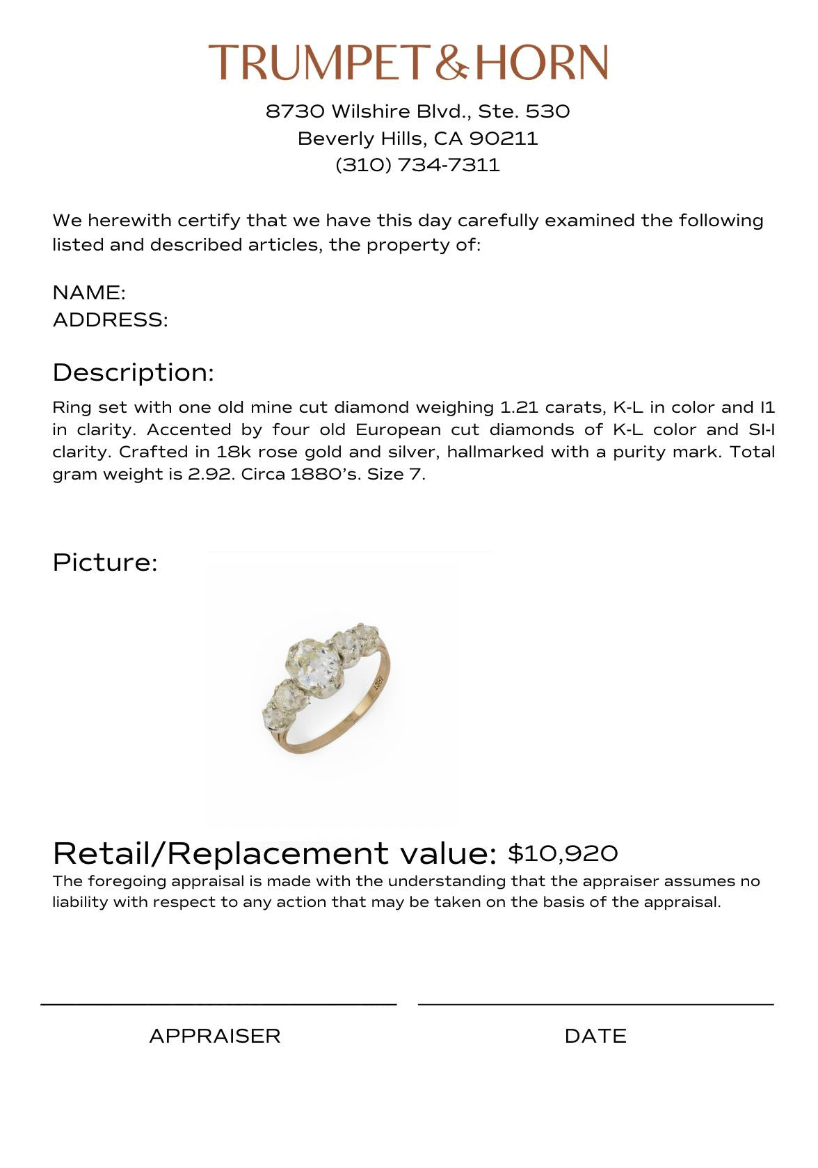 Victorian 1.21 carat diamond 18k rose gold and silver 5 stone engagement ring