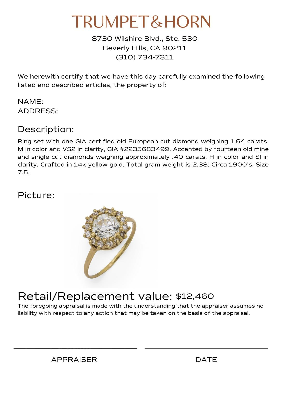 Victorian GIA 1.64 carat old European cut diamond 14k yellow gold cluster ring