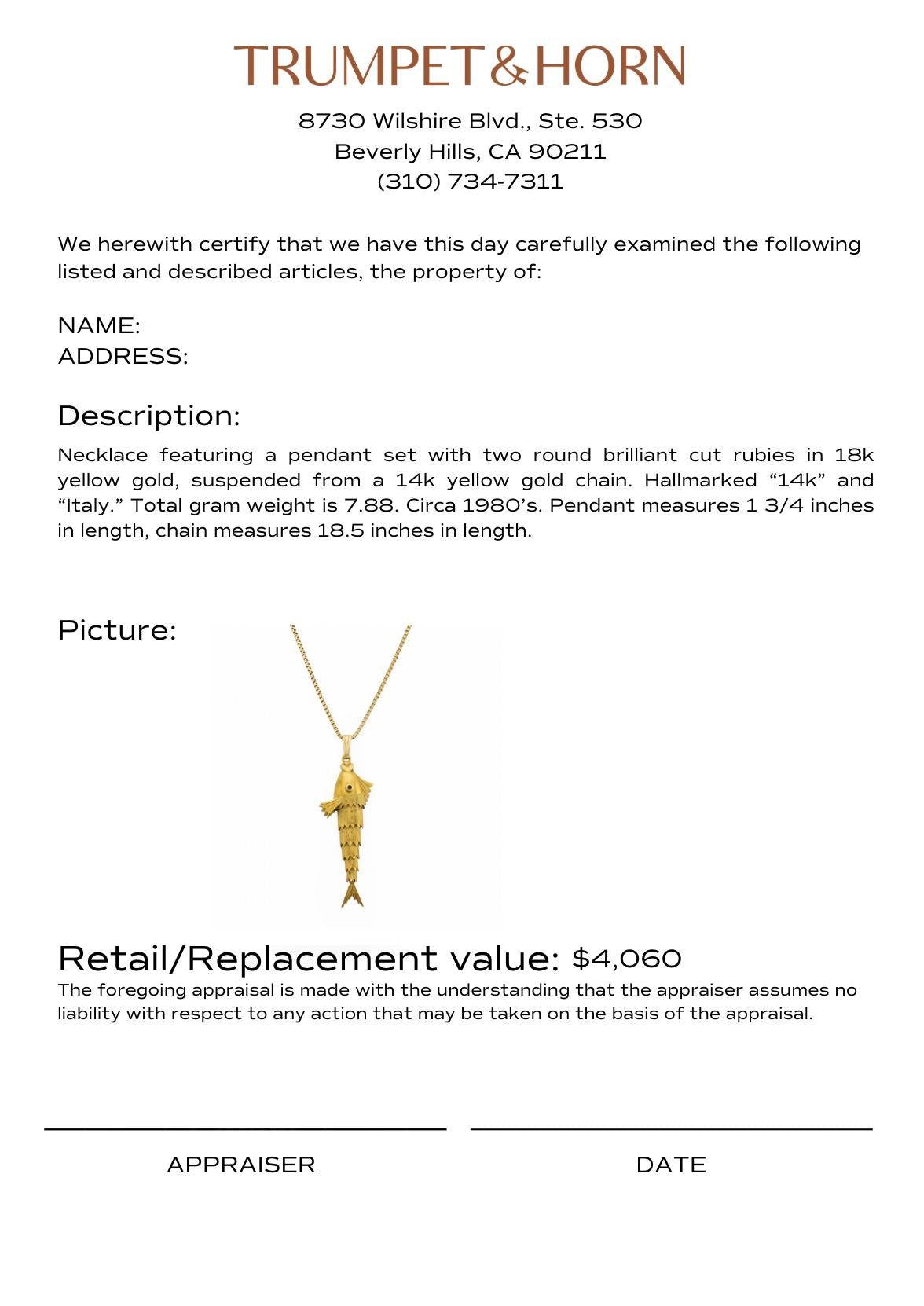 Vintage ruby 18k yellow gold articulated fish necklace