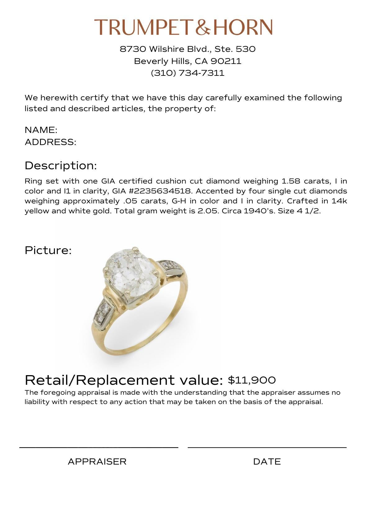 Retro GIA 1.58 carat diamond 14k yellow gold engagement ring